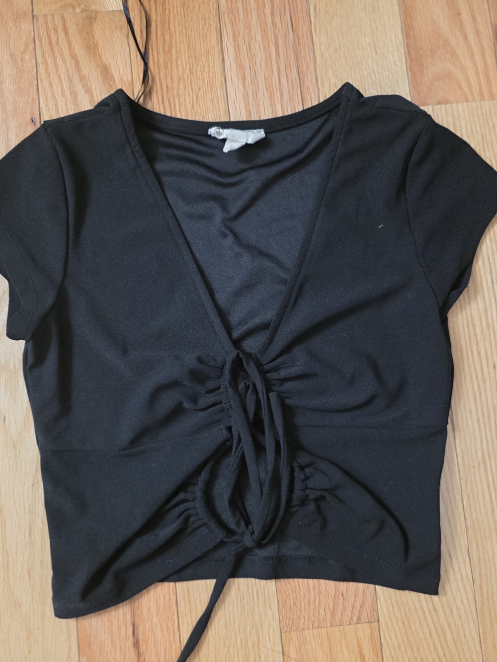 meraki Black Ruched Tie-Front Crop Top